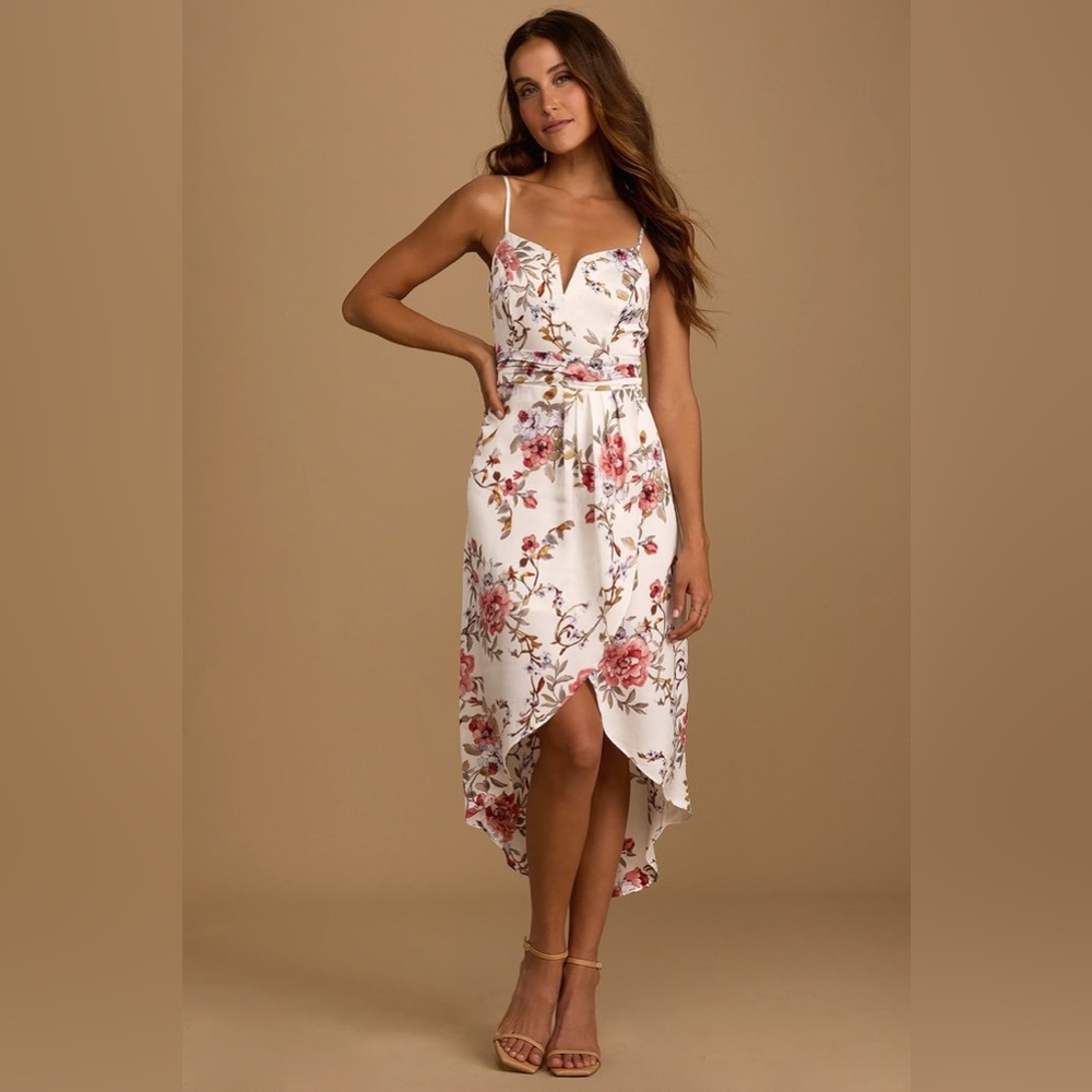 NWT Lulu’s My Favorite Day Ivory Floral Print Tulip Skirt Midi Dress - Size XL